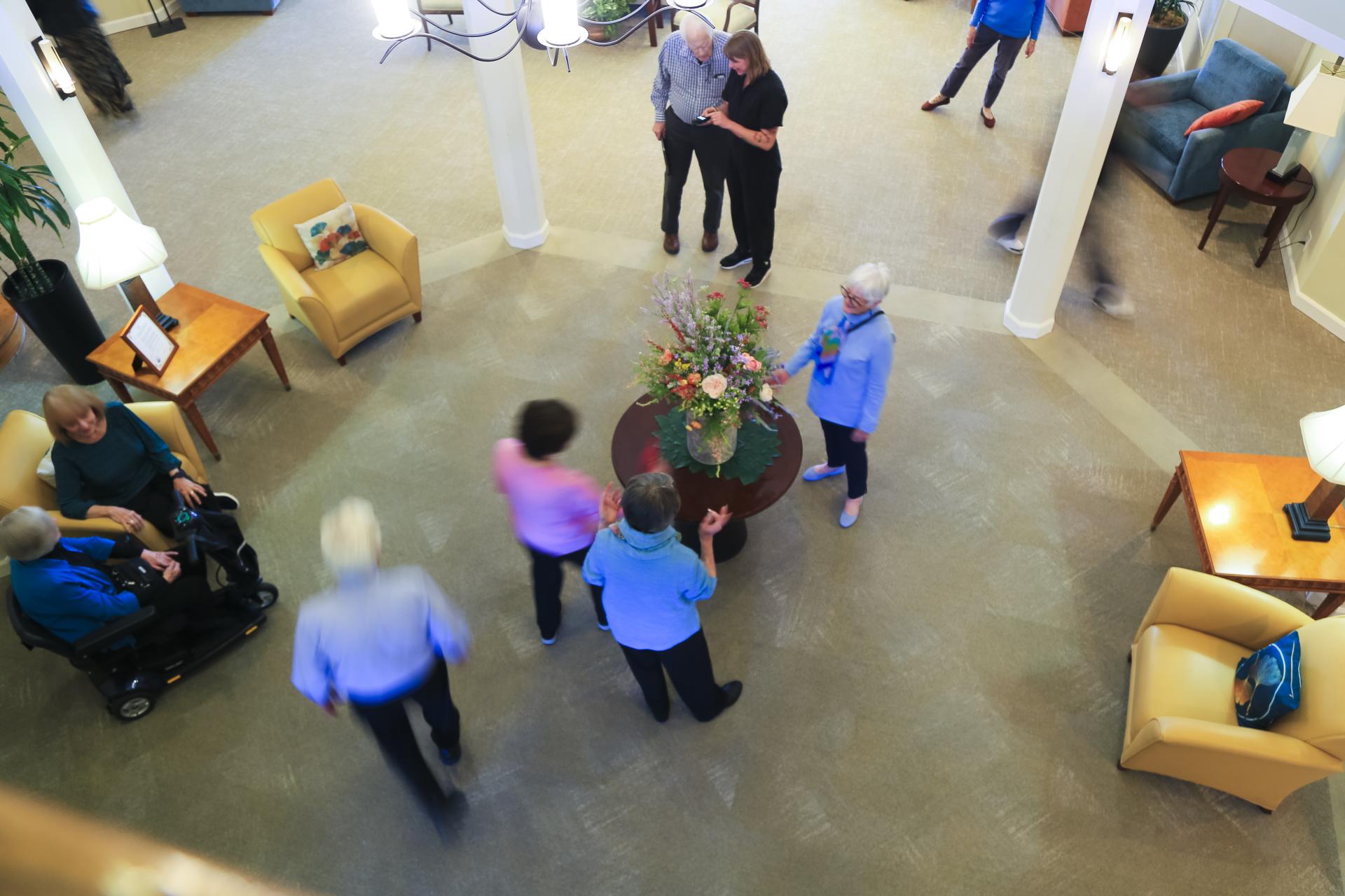 People in lobby seen from above
